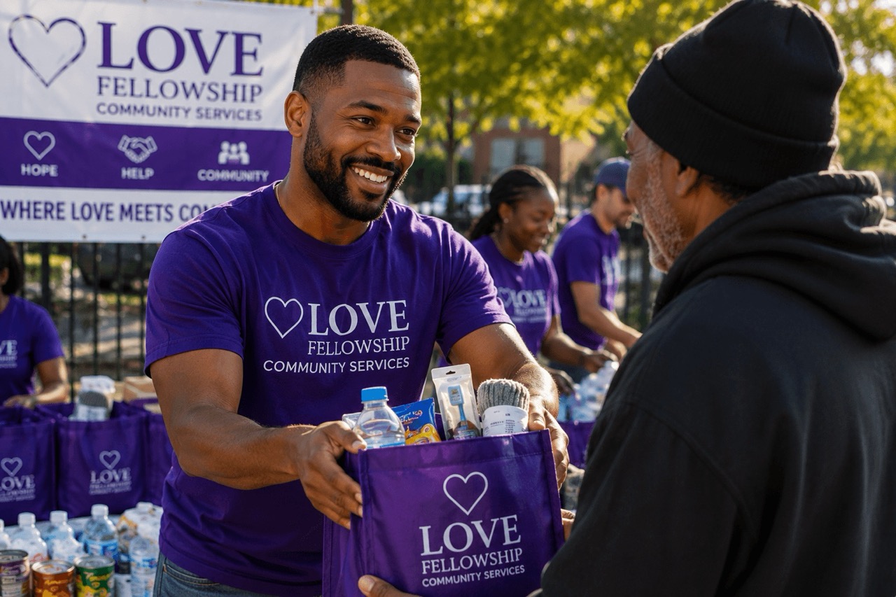Love Fellowship Community Services volunteers distributing blessing bags to Nashville community members during an outreach event.