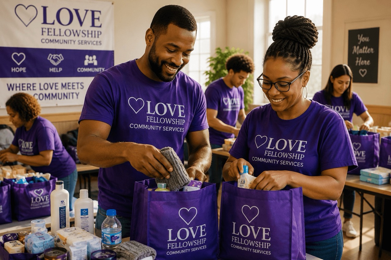 Volunteers from Love Fellowship Community Services assembling blessing bags during a community outreach event in Nashville.