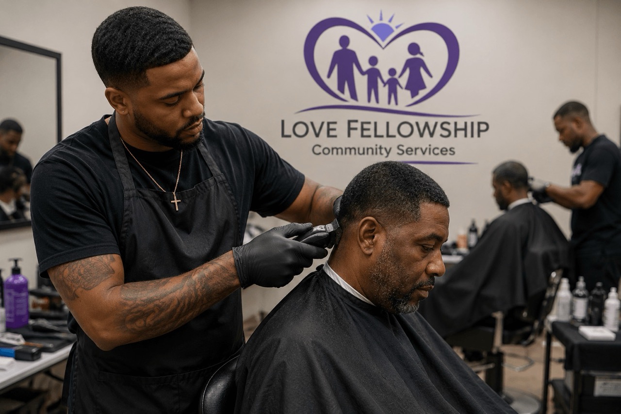 Volunteer barber providing a free professional haircut through The King's Chair Initiative.