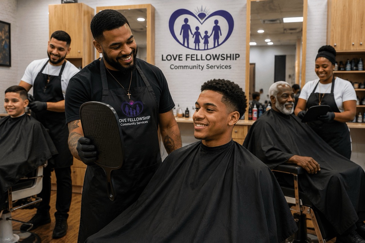 Volunteer barbers and community members serving together through The King's Chair Initiative.