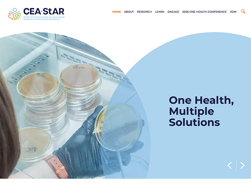 Scientist wearing a black glove holding a petri dish with stacked petri dishes nearby in a lab setting, with text 'One Health, Multiple Solutions.'