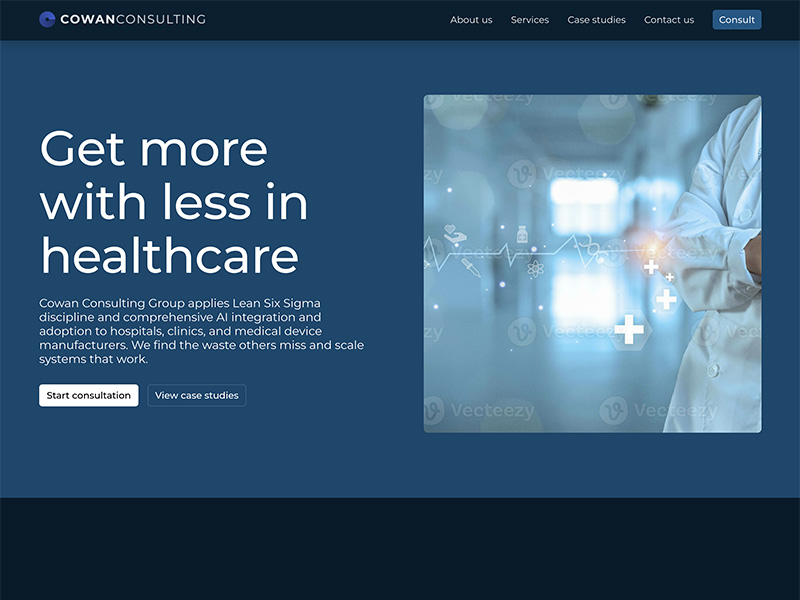 Healthcare consulting website homepage with slogan 'Get more with less in healthcare' and a doctor in a white coat with medical icons overlay.