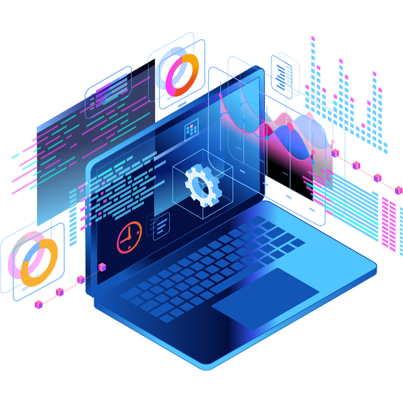 Isometric illustration of a laptop with code snippets, gear icon, and data charts floating above the screen, representing software development and data analysis.