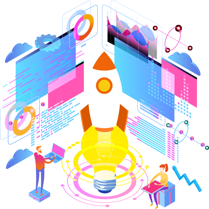 Illustration of a rocket emerging from a light bulb surrounded by data charts and two people working on laptops, symbolising innovation and data-driven technology.