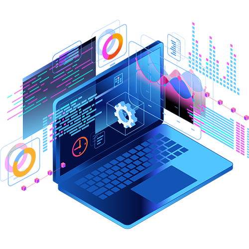 3D illustration of a laptop with floating digital interface elements including graphs, code snippets, and settings icons.