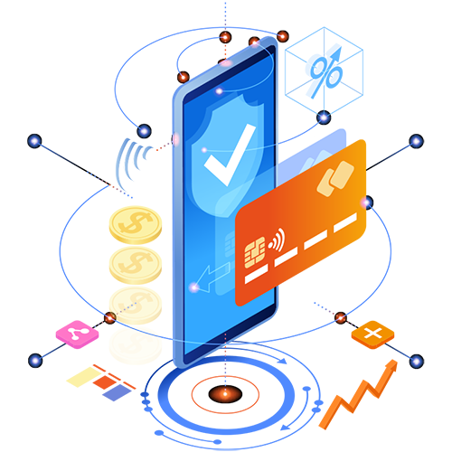 Illustration of a smartphone with a shield and checkmark on screen, surrounded by coins, a contactless credit card, and discount symbol, representing secure mobile payments.