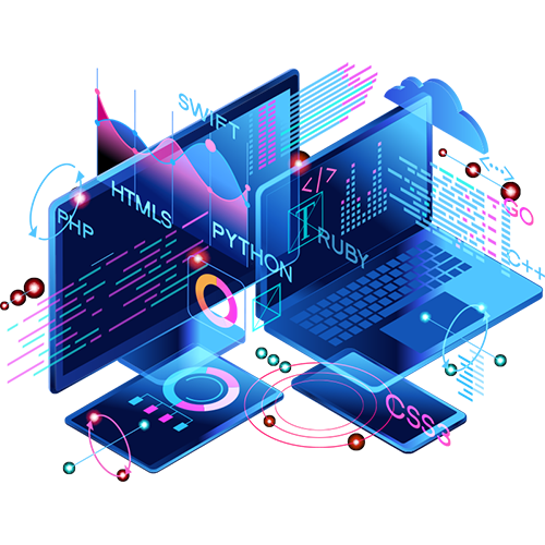 Digital illustration of two laptops with floating coding languages and programming elements including HTML5, PHP, Python, Ruby, CSS, and JavaScript.