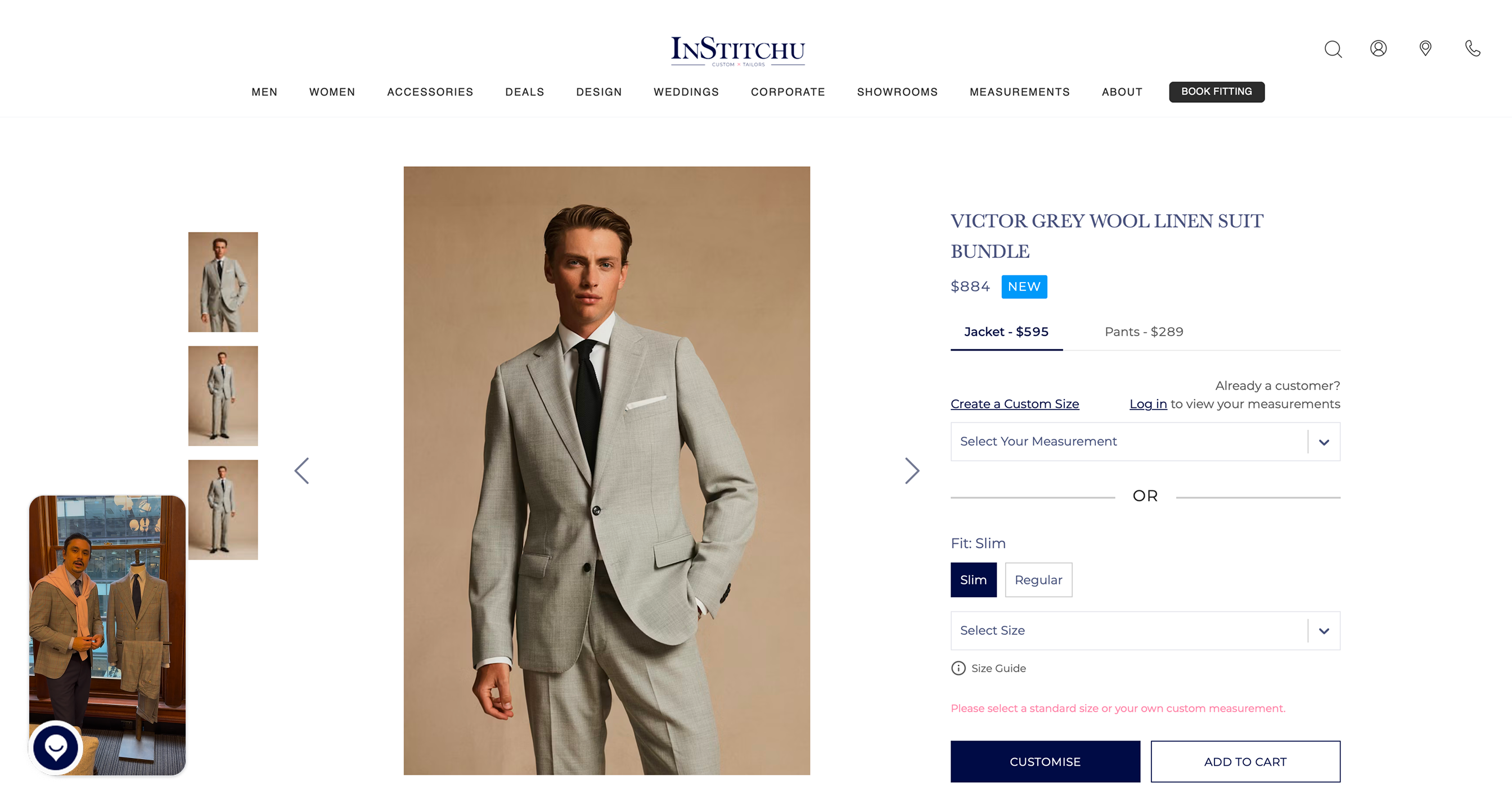 Men's grey wool linen suit jacket and pants with customization and purchase options on screen.