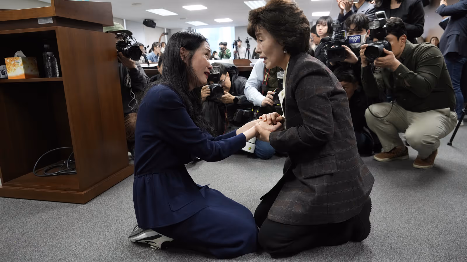  Truth and Reconciliation Commission chairperson Park Sun Young, right, comforts adoptee Yooree Kim during a press conference in Seoul, South Korea in March 2025. Associated Press