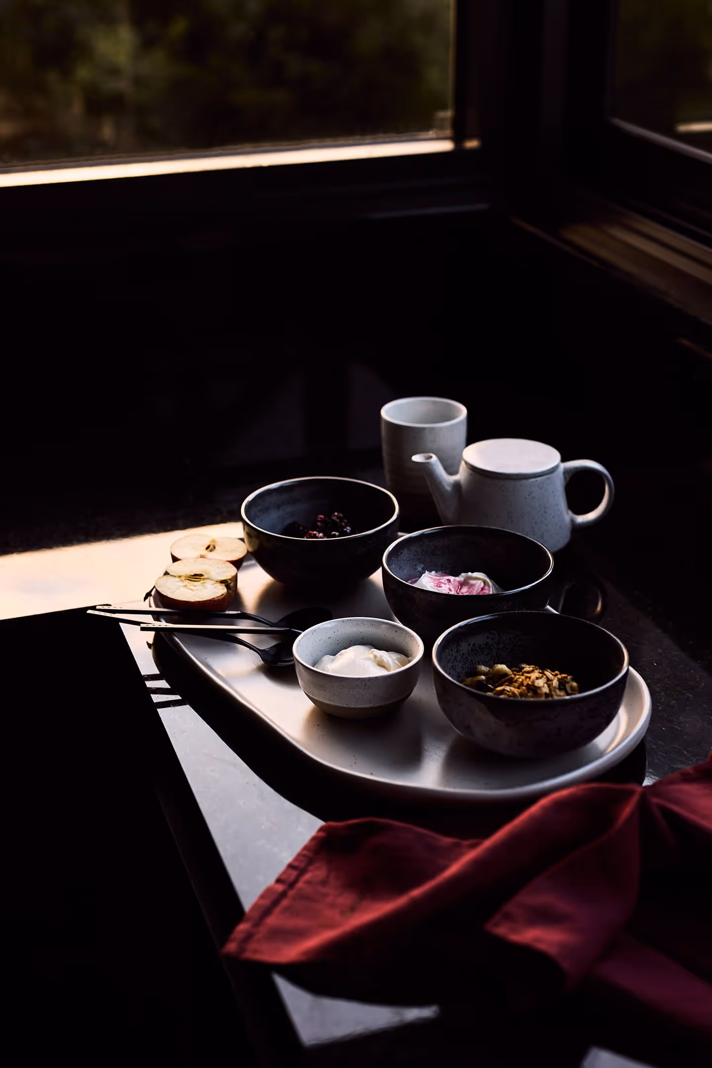 Breakfast served on a plate in the kitchen