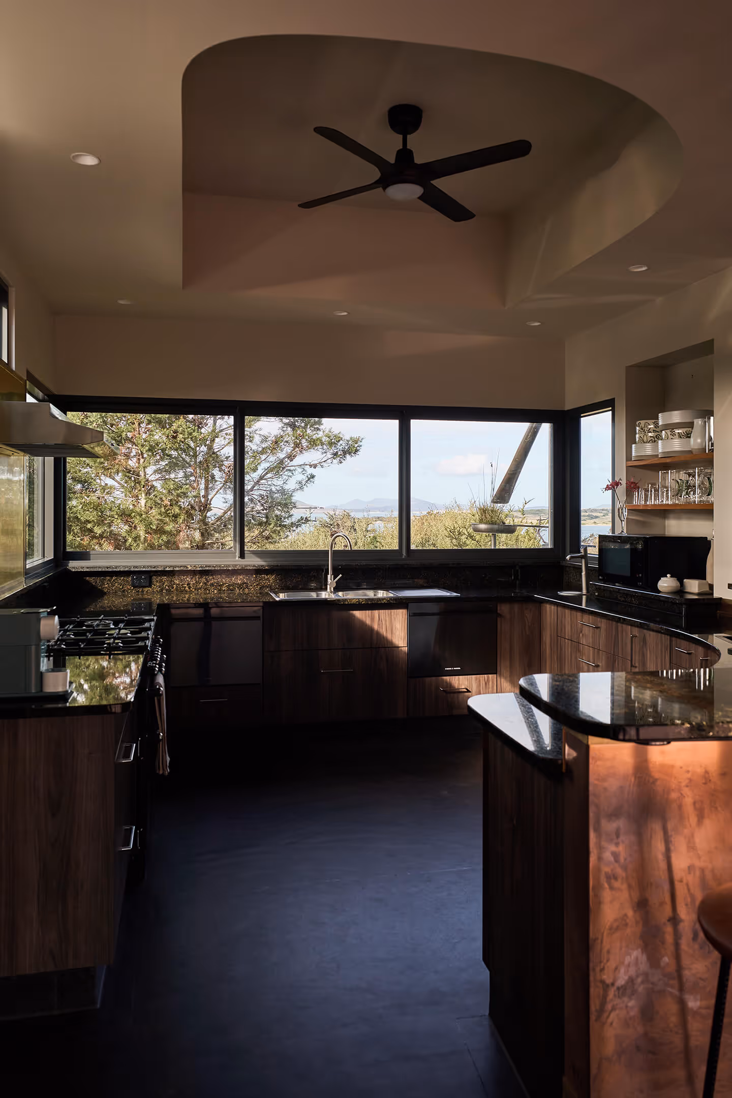 A view stepping inside the kitchen showing the wide view of the water