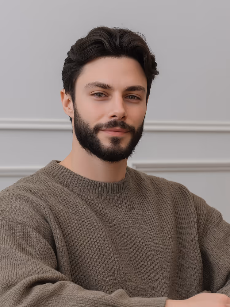 Smiling young man with dark hair and beard wearing a brown knitted sweater against a gray background.
