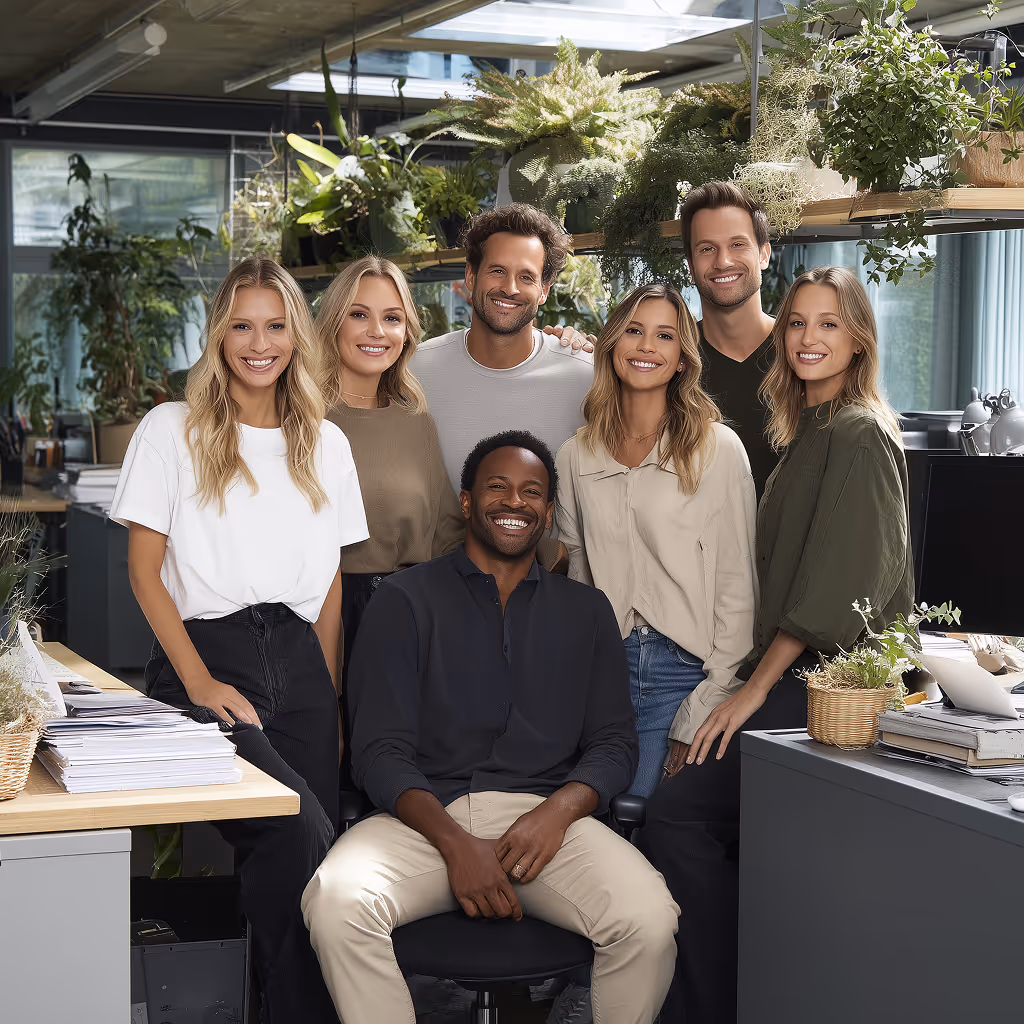 Group of seven young professionals smiling inside a modern office with plants and computers.
