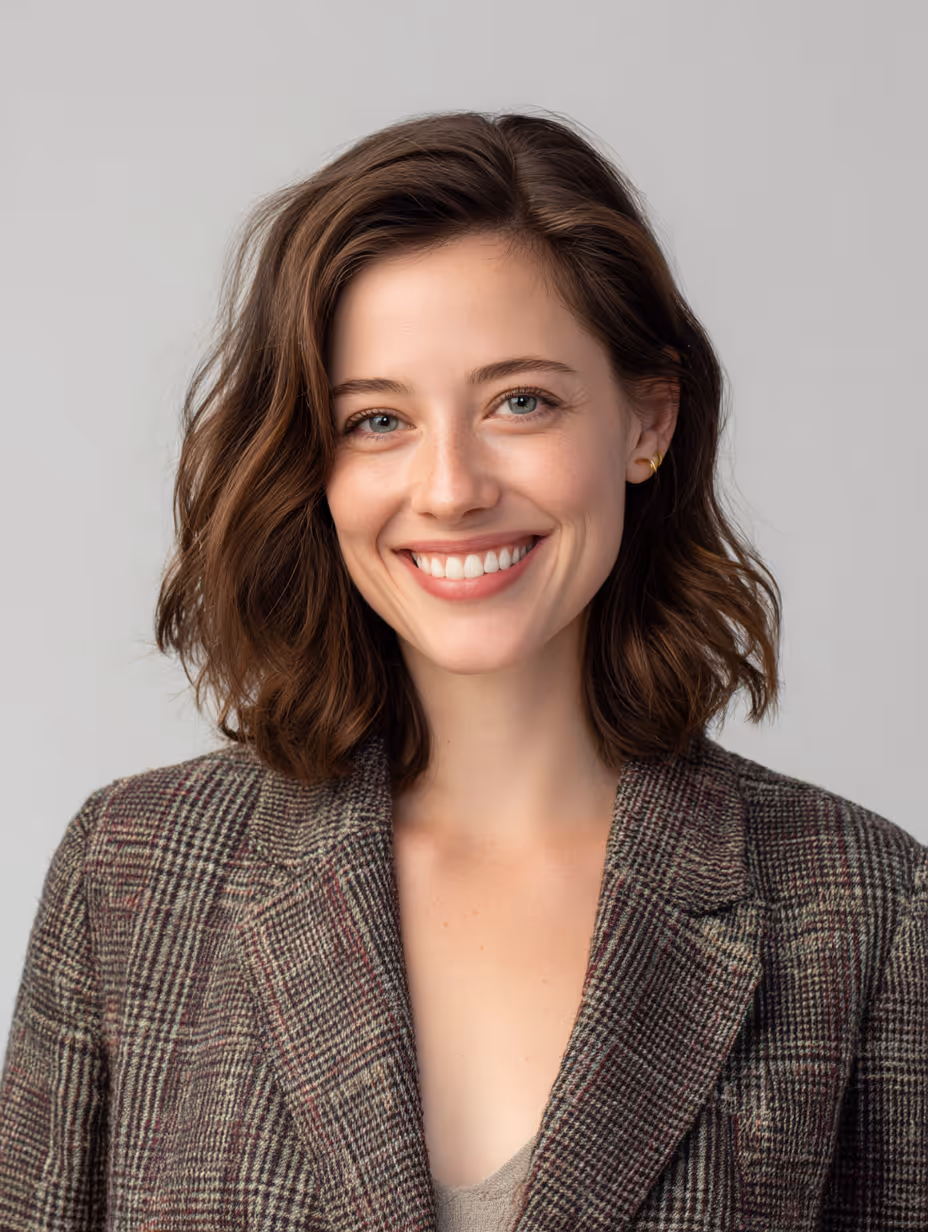 Smiling young woman with shoulder-length brown hair wearing a plaid blazer against a neutral background.