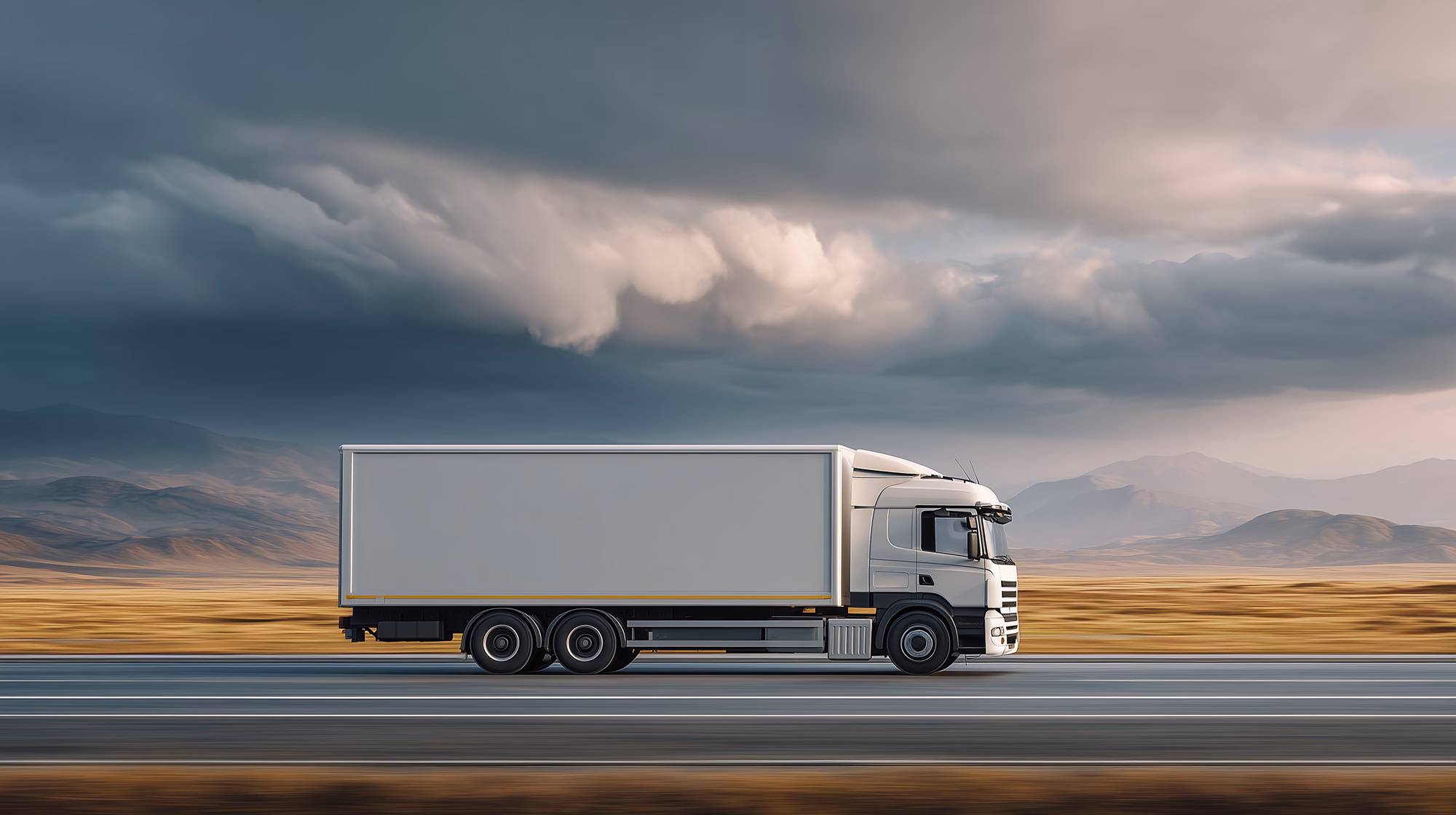 White semi-truck driving fast on a highway with mountains and dark cloudy sky in the background.