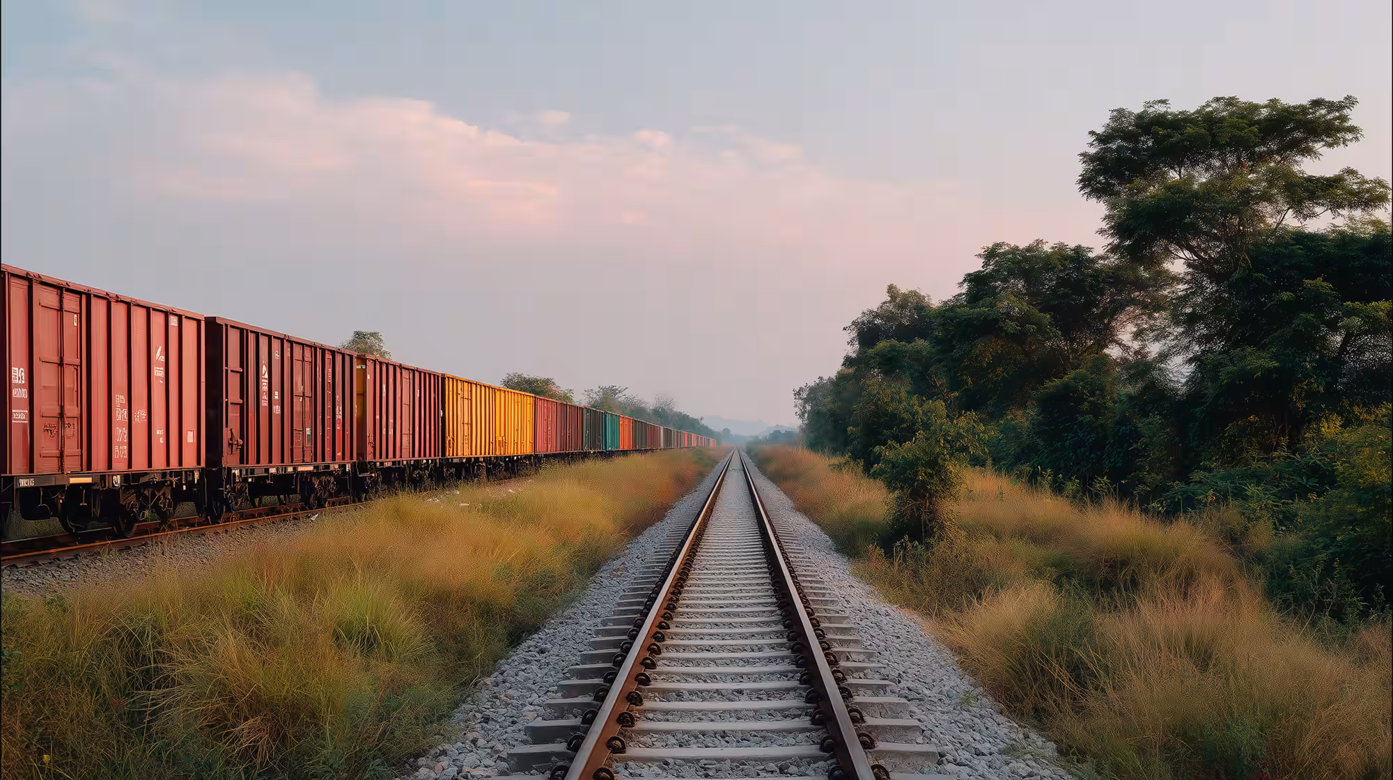 Long freight train with red and yellow cargo containers along railway tracks surrounded by grass and trees under a cloudy sky.