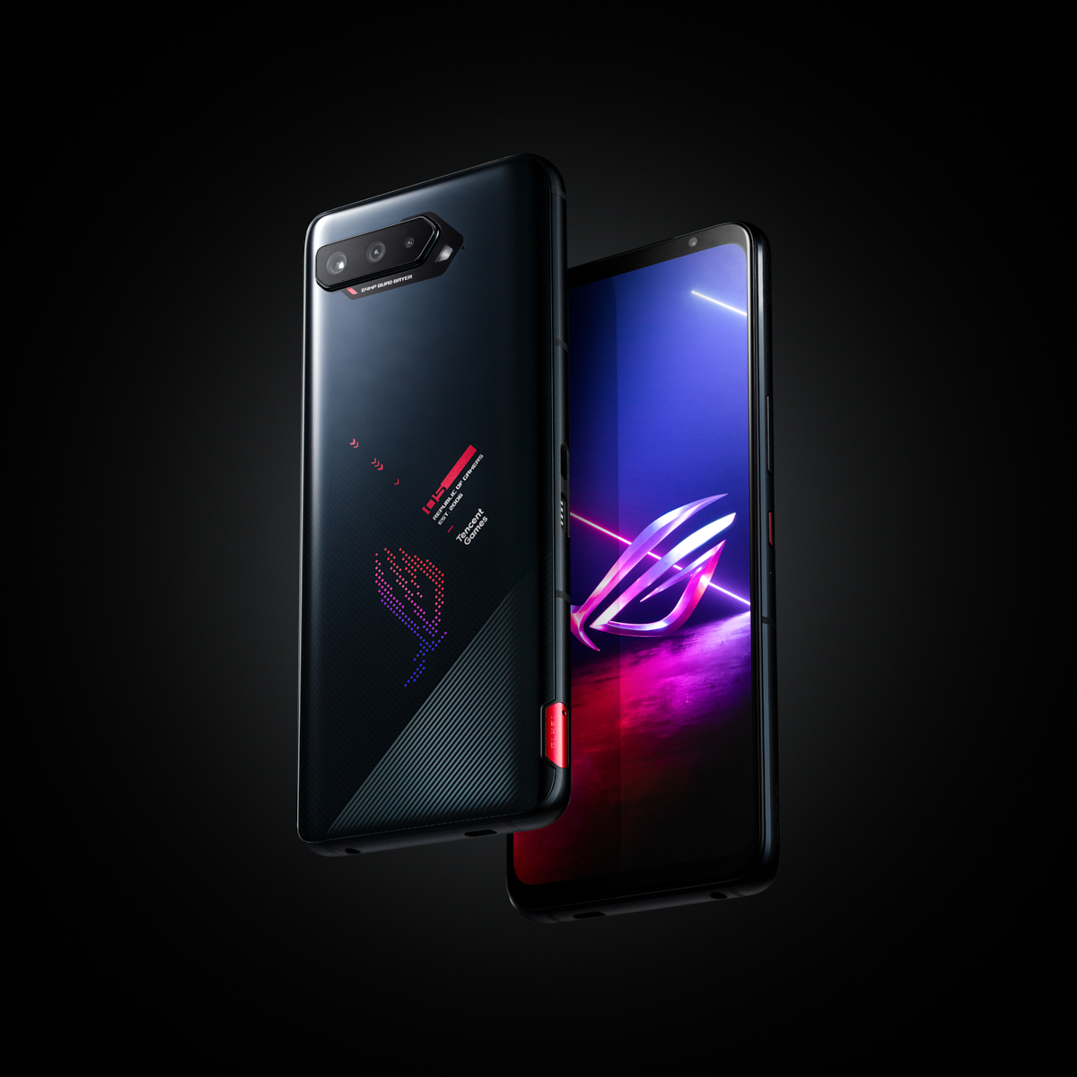 Black gaming smartphone with RGB logo and triple rear cameras floating against dark background.