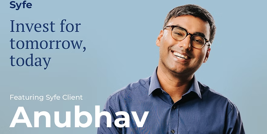 Smiling man with glasses and dark shirt on blue background with Syfe Invest for tomorrow, today text.