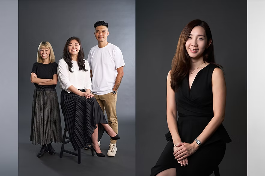 Three people pose on left with one sitting and one standing on right in black dress on dark backgrounds.