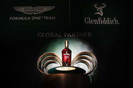 Glenfiddich whiskey bottle illuminated with logos of Aston Martin Formula One and Glenfiddich behind.