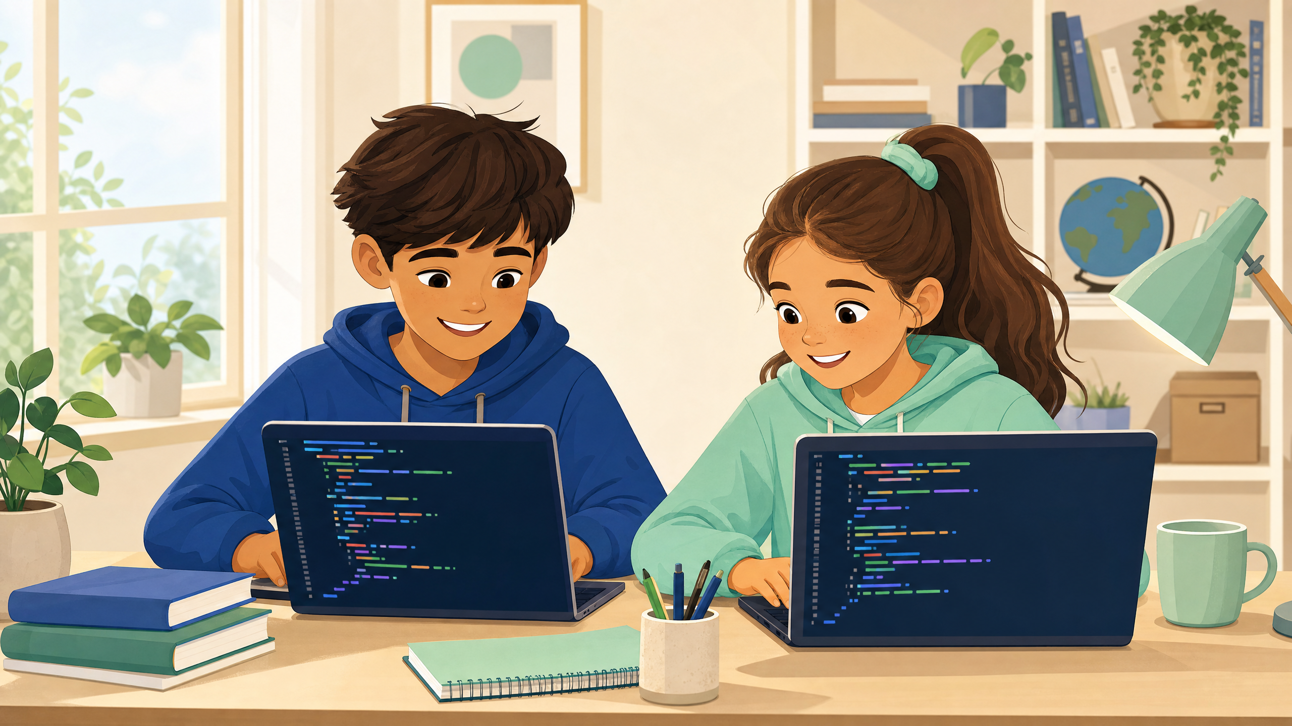 Two children coding together on laptops at a bright home desk