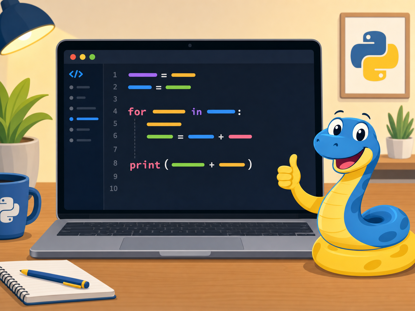 Laptop showing Python code with a friendly snake mascot
