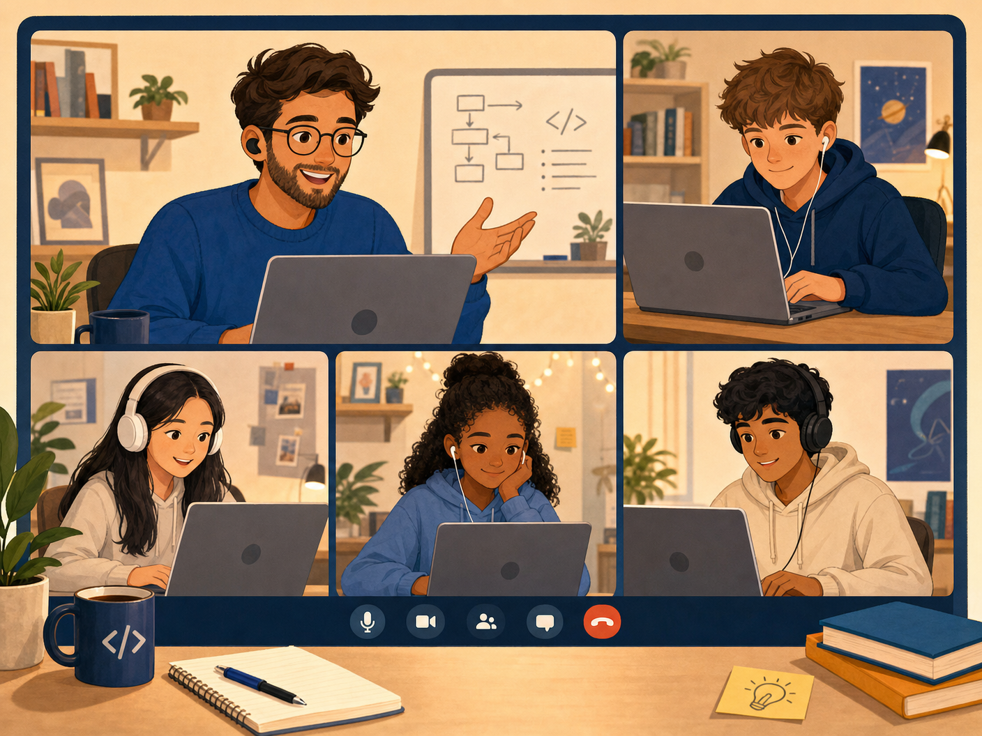 A live online Python class with a friendly instructor and teenage students on a video call