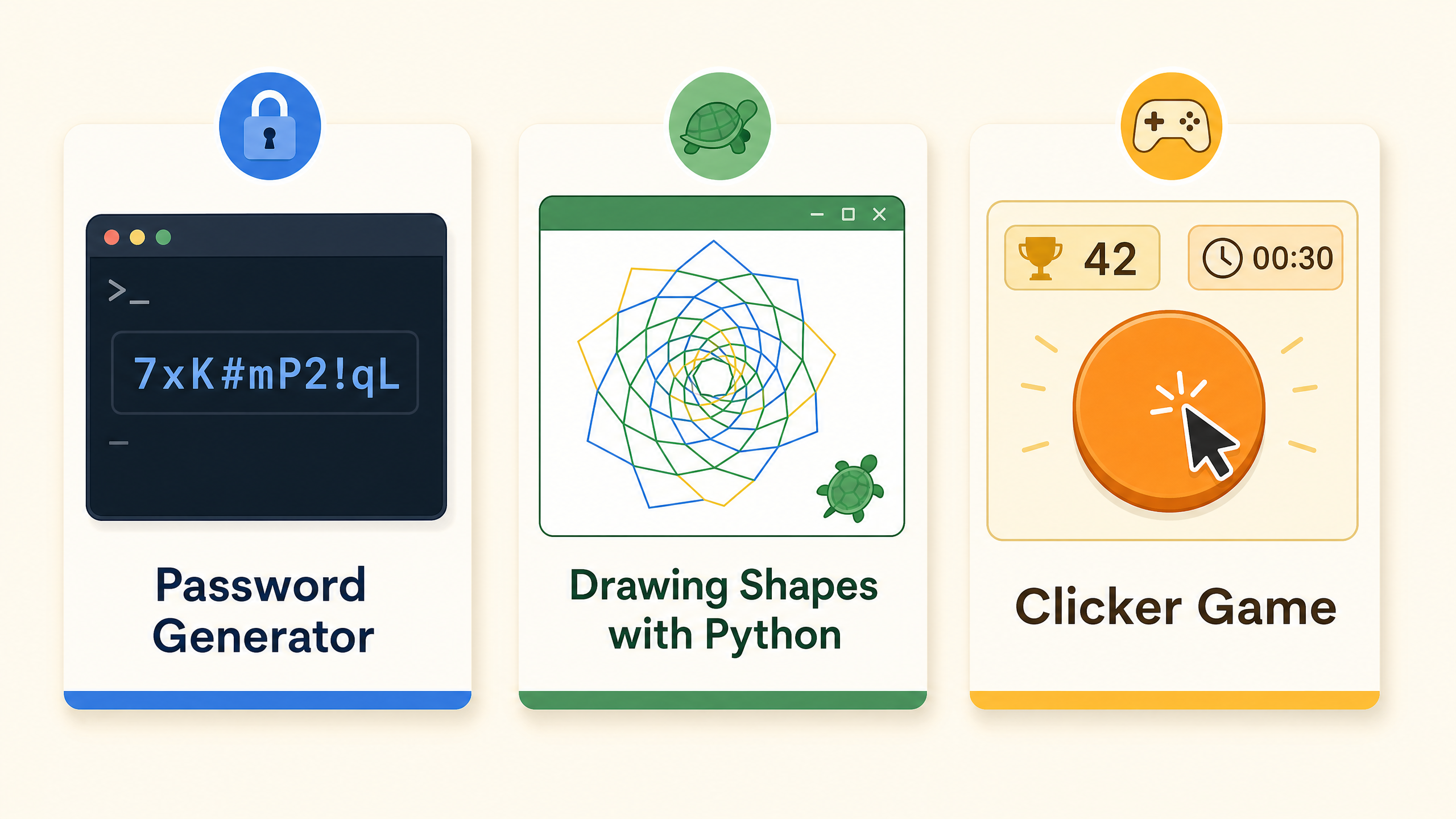 Three project cards showing a password generator, a turtle graphics drawing, and a clicker game — things teens build in Python class