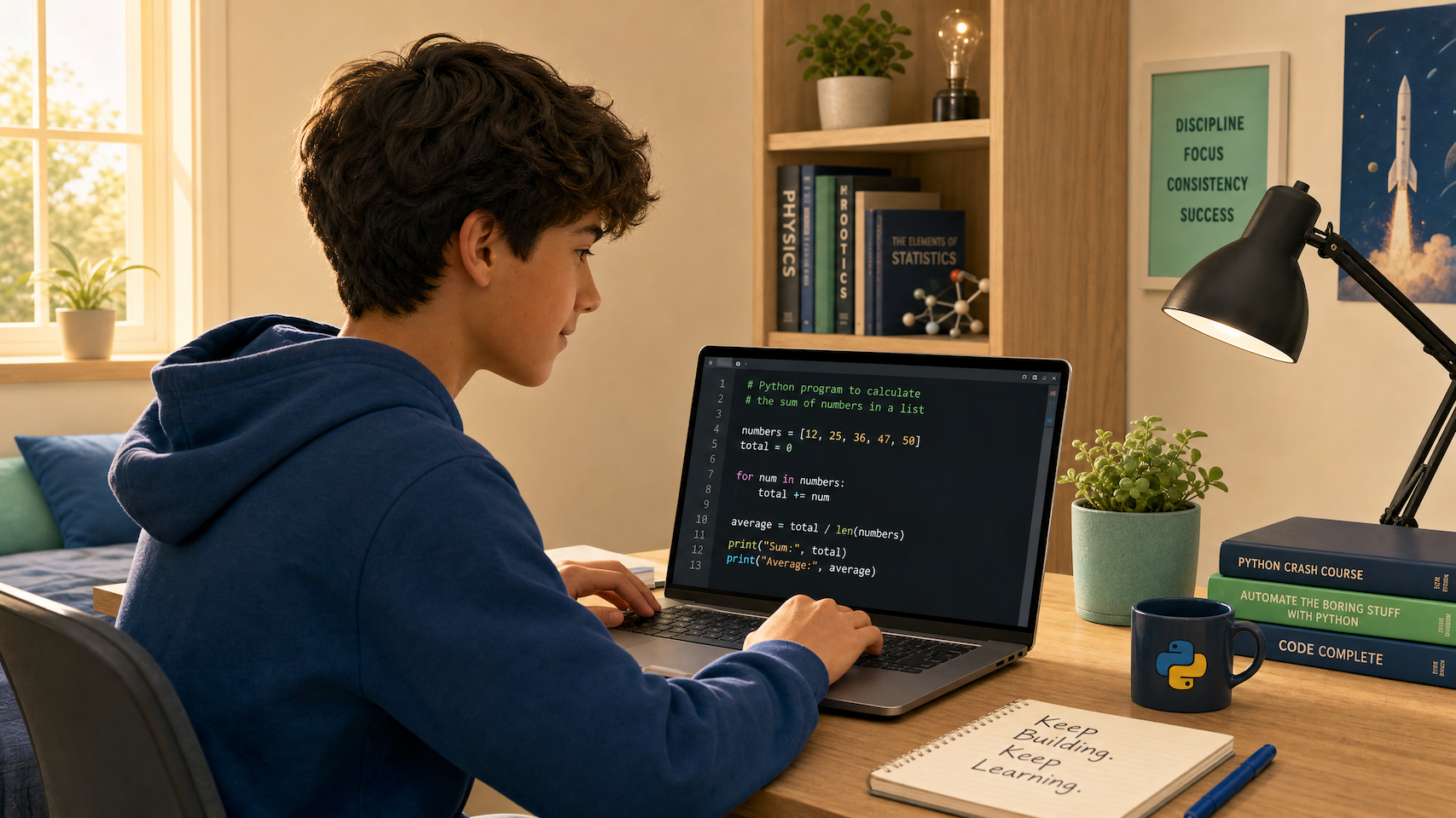 A teenage student writing Python code on a laptop at a tidy home desk