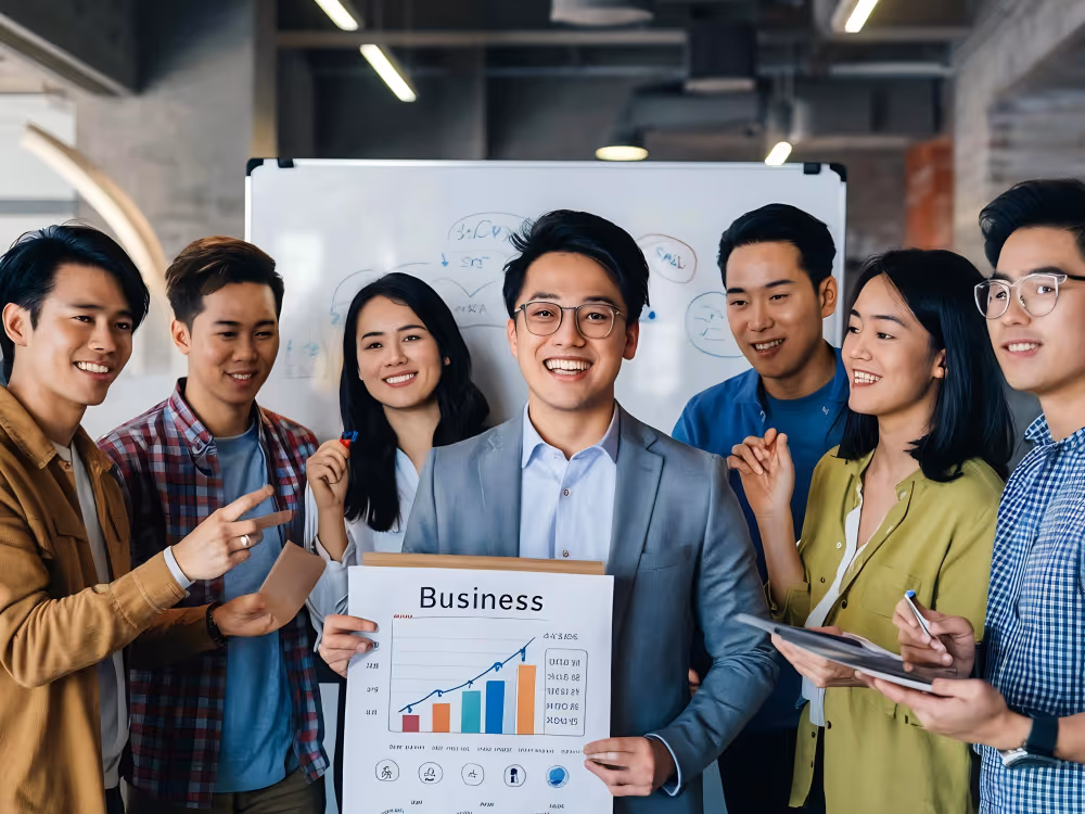 Young business team smiling in office; man in middle holds chart showing rising bar graph.