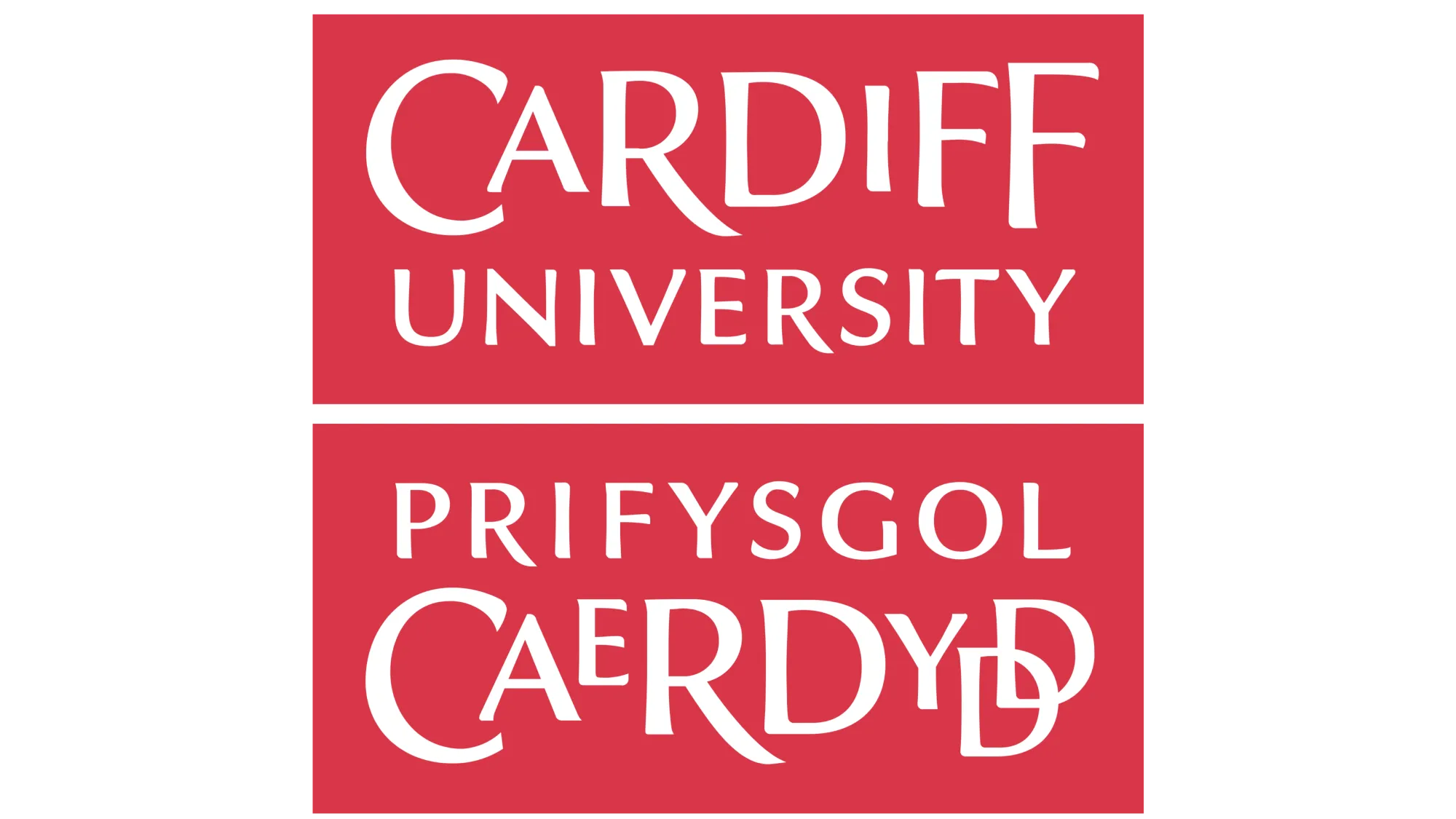Cardiff University logo with English text above Welsh text on a red background.