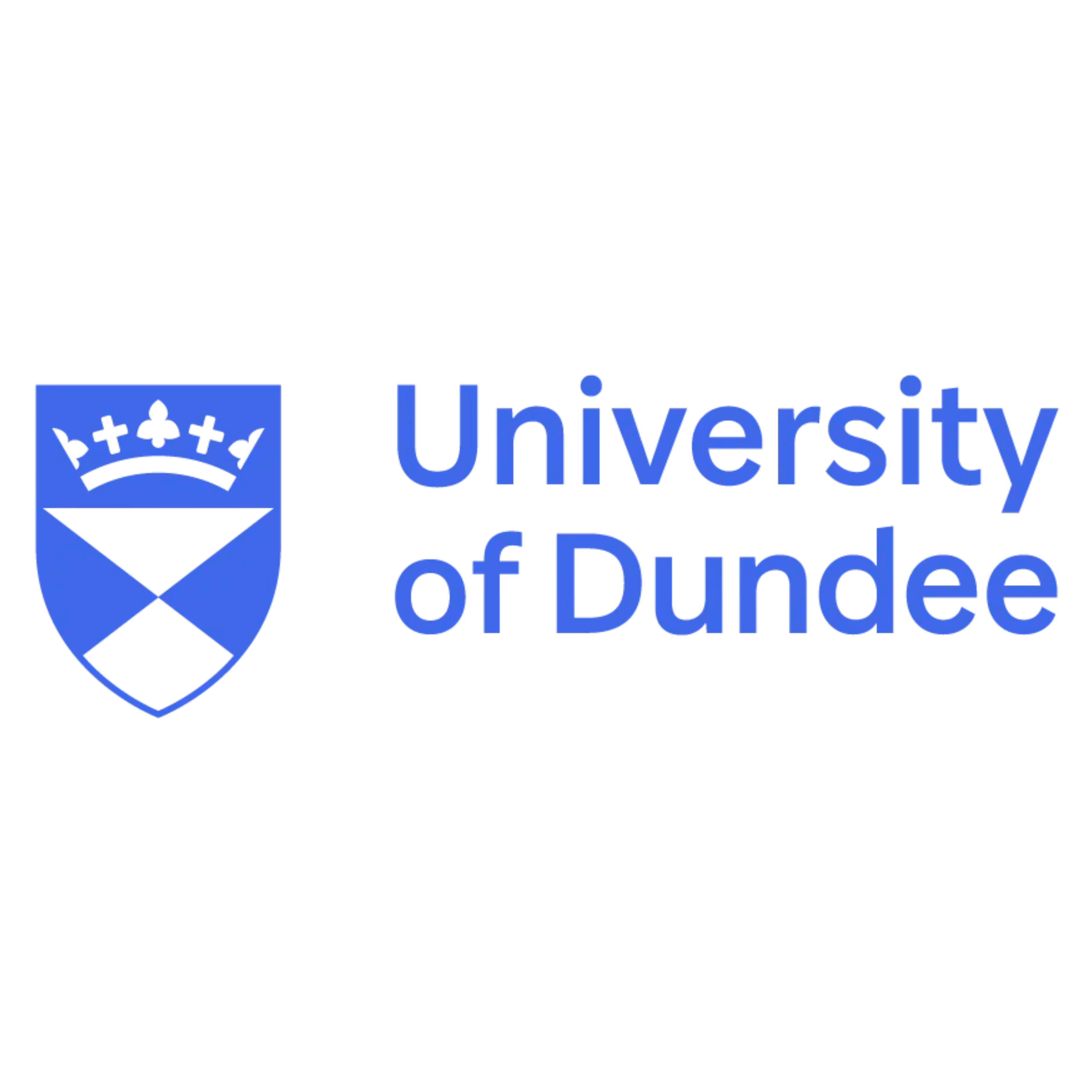 University of Dundee logo with a blue shield and crown on black background.