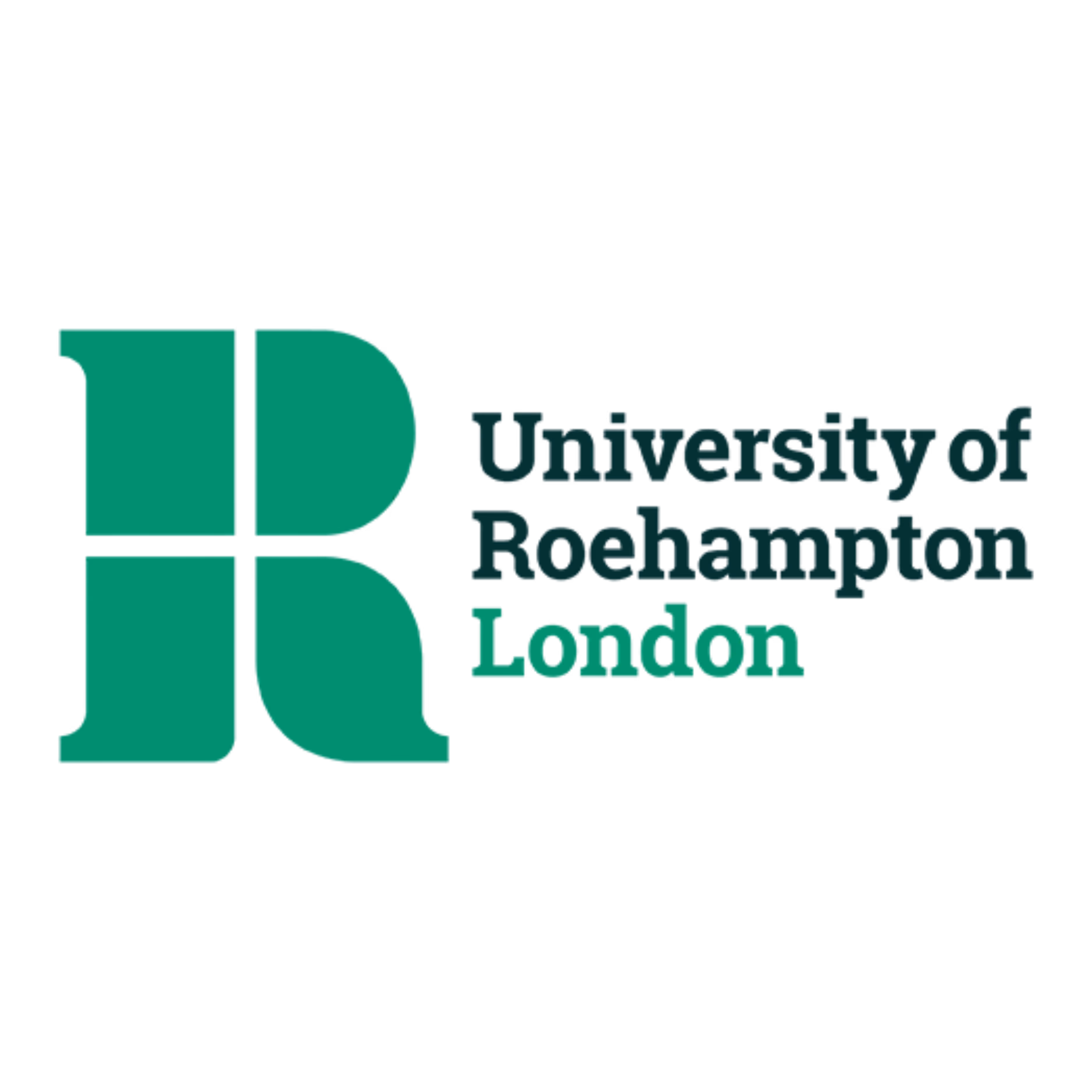 University of Roehampton London logo with stylized green R and text.