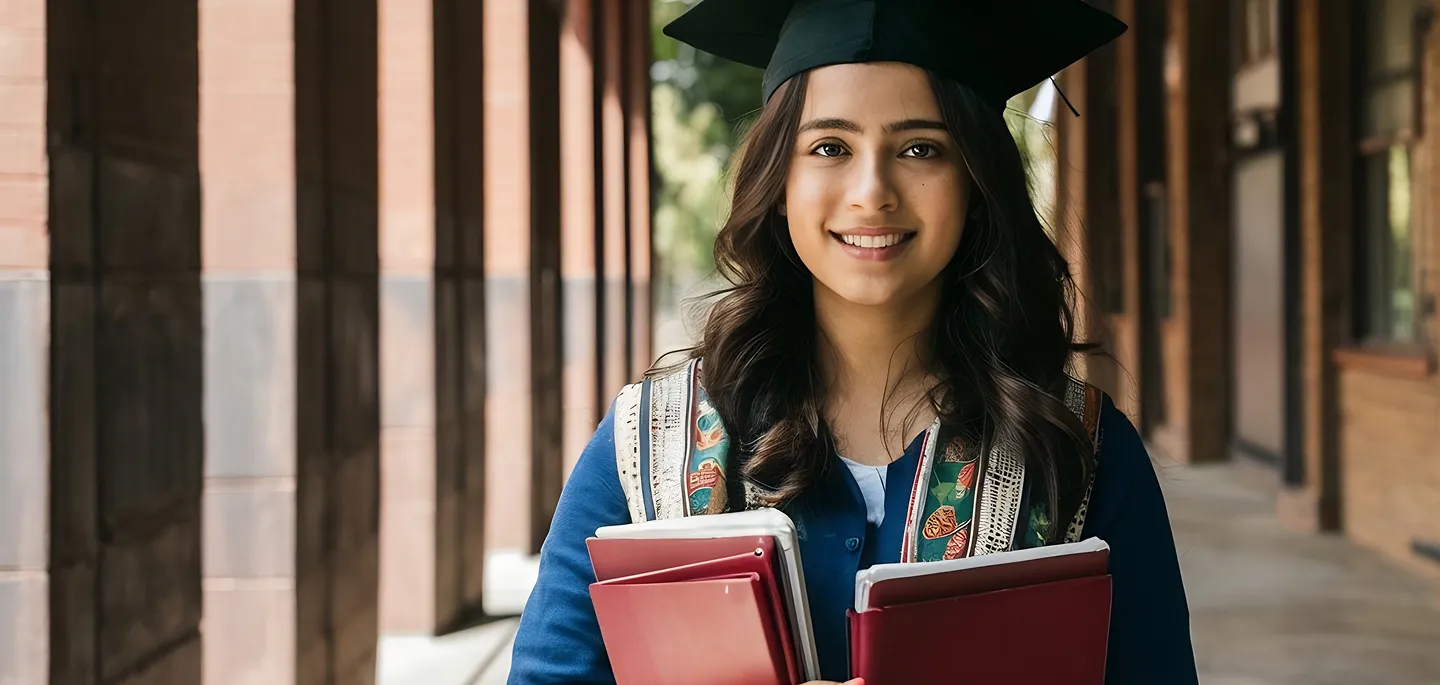 Smiling female graduate in cap and gown carrying books and folders in a campus corridor.