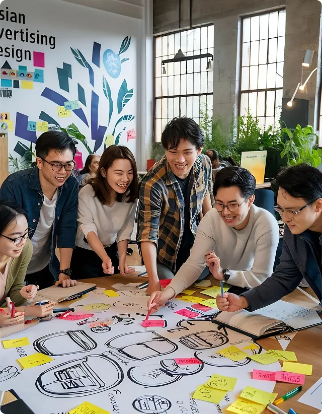 Group of six young professionals collaborating on a creative project with sketches and sticky notes.