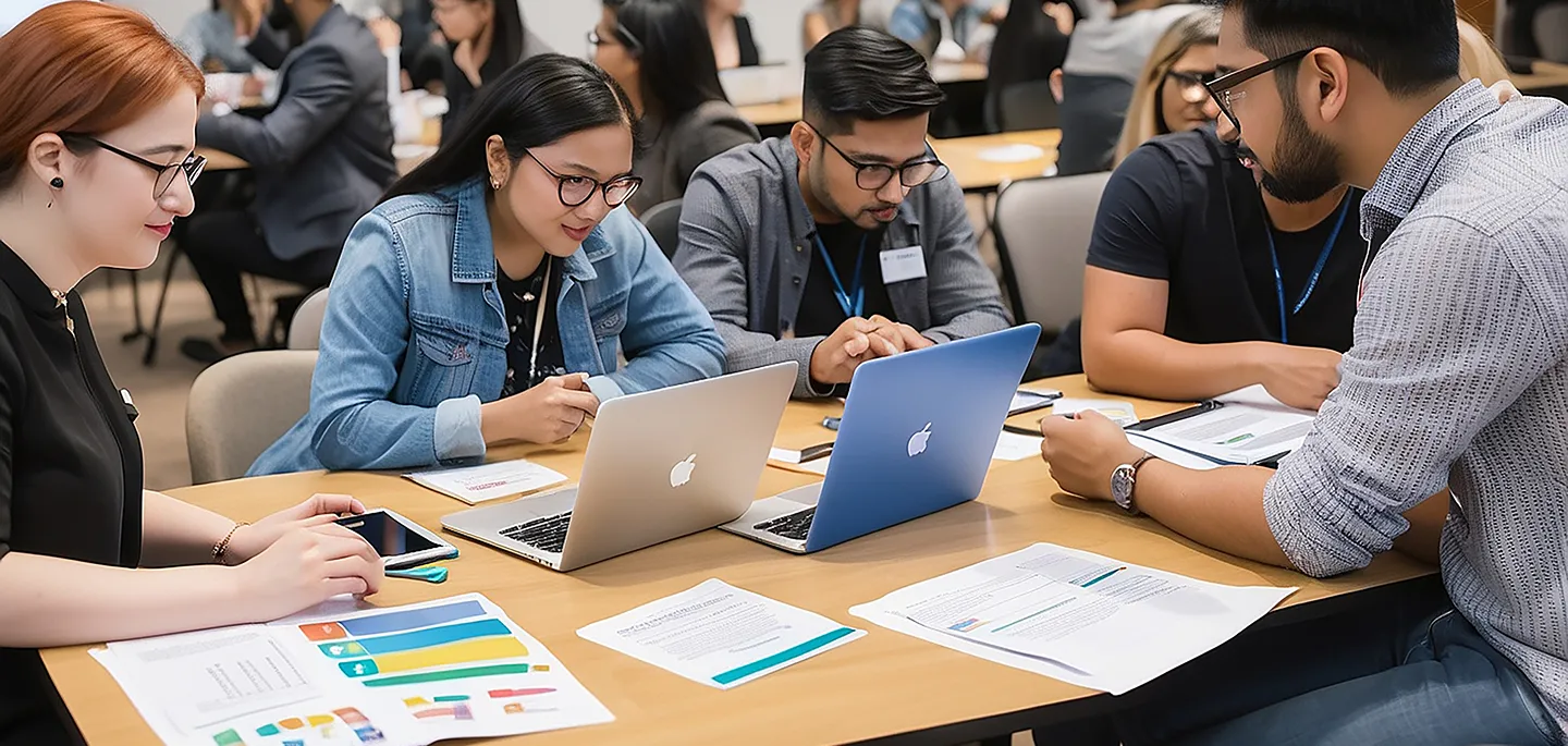 Four young professionals collaborating at a table with laptops and documents in a busy office setting.