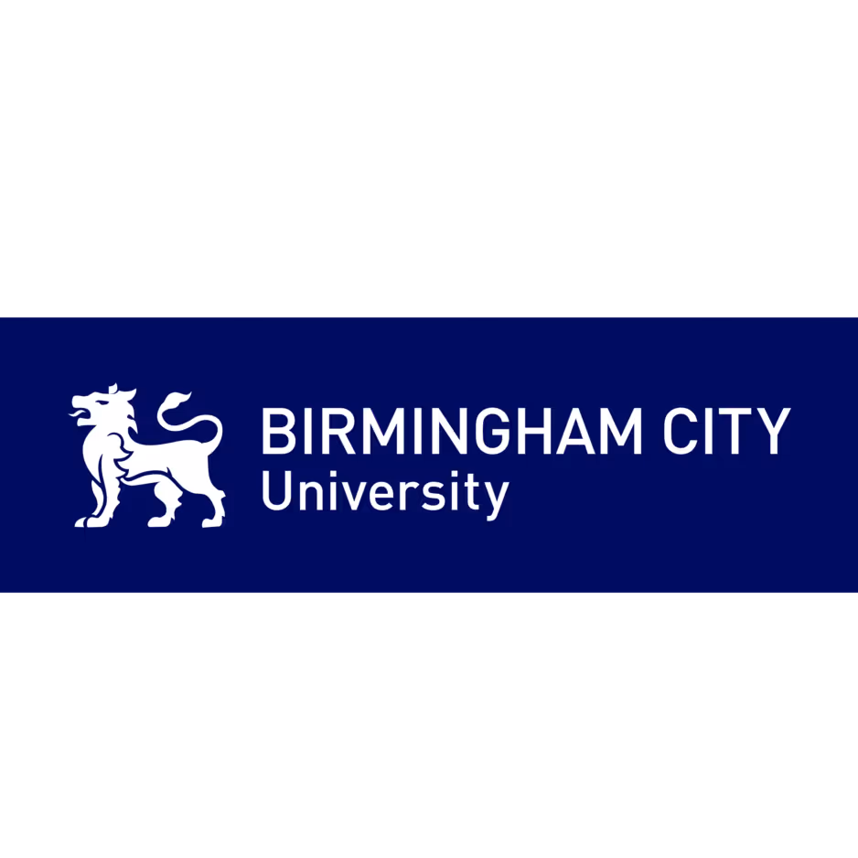 Birmingham City University logo with a stylized lion and text on blue background.