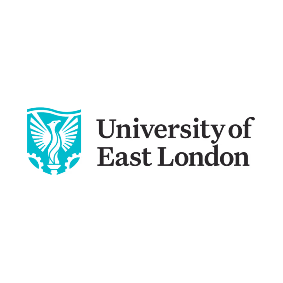 University of East London logo with a stylized white phoenix on teal shield.