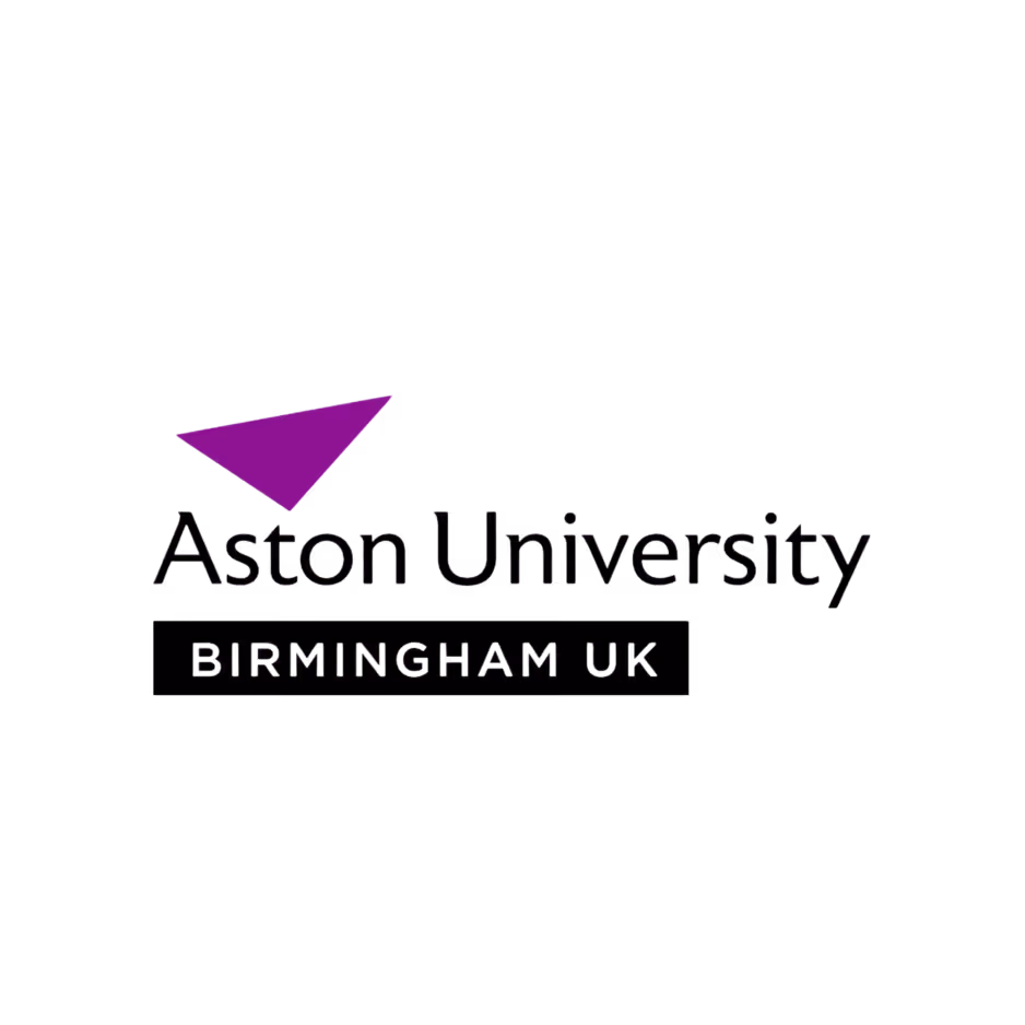 Aston University logo with a purple triangular shape and text Birmingham UK below.