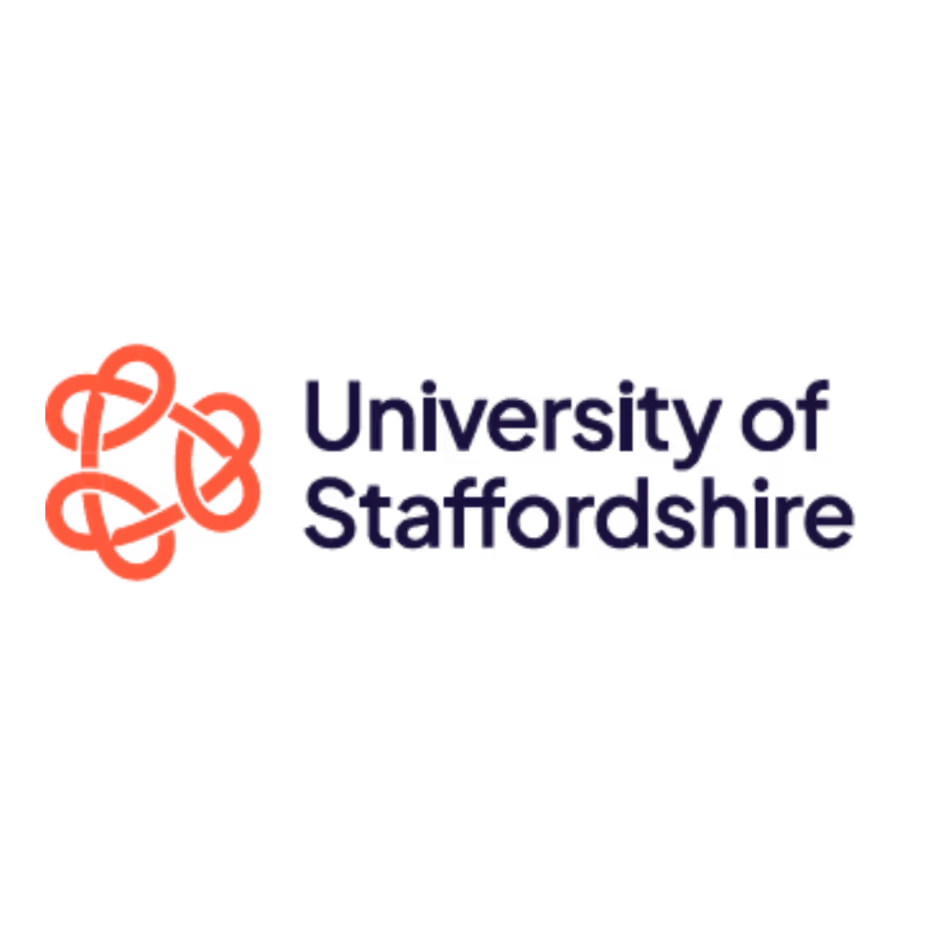 University of Staffordshire logo with red abstract shape next to text.