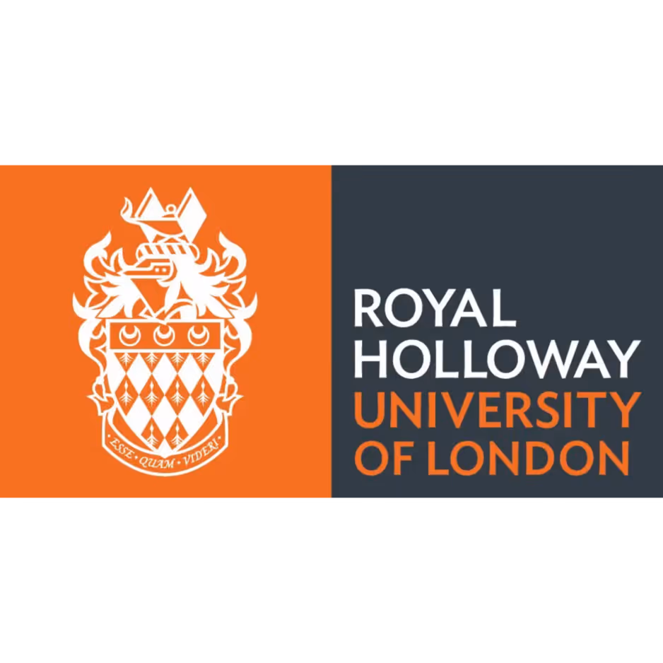 Royal Holloway University of London logo with coat of arms on an orange and dark gray background.