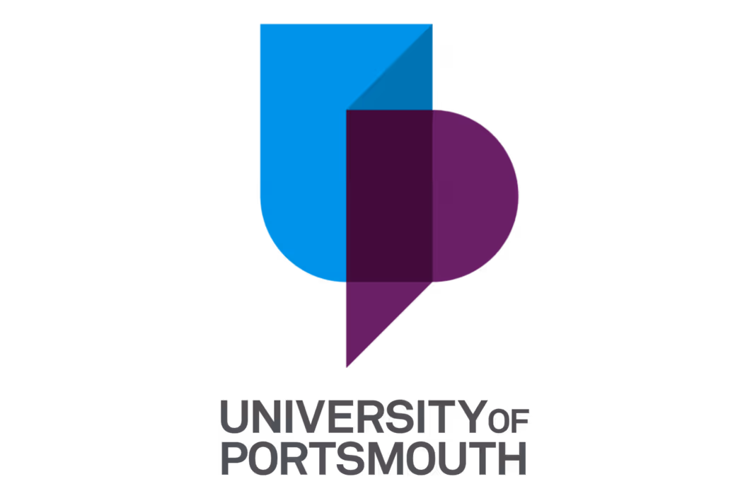 University of Portsmouth logo with blue and purple geometric shapes.