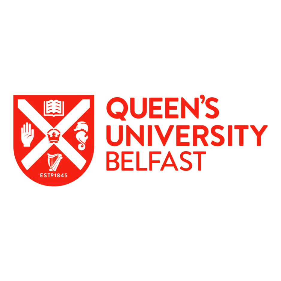 Red Queen's University Belfast shield logo with text on a black background.