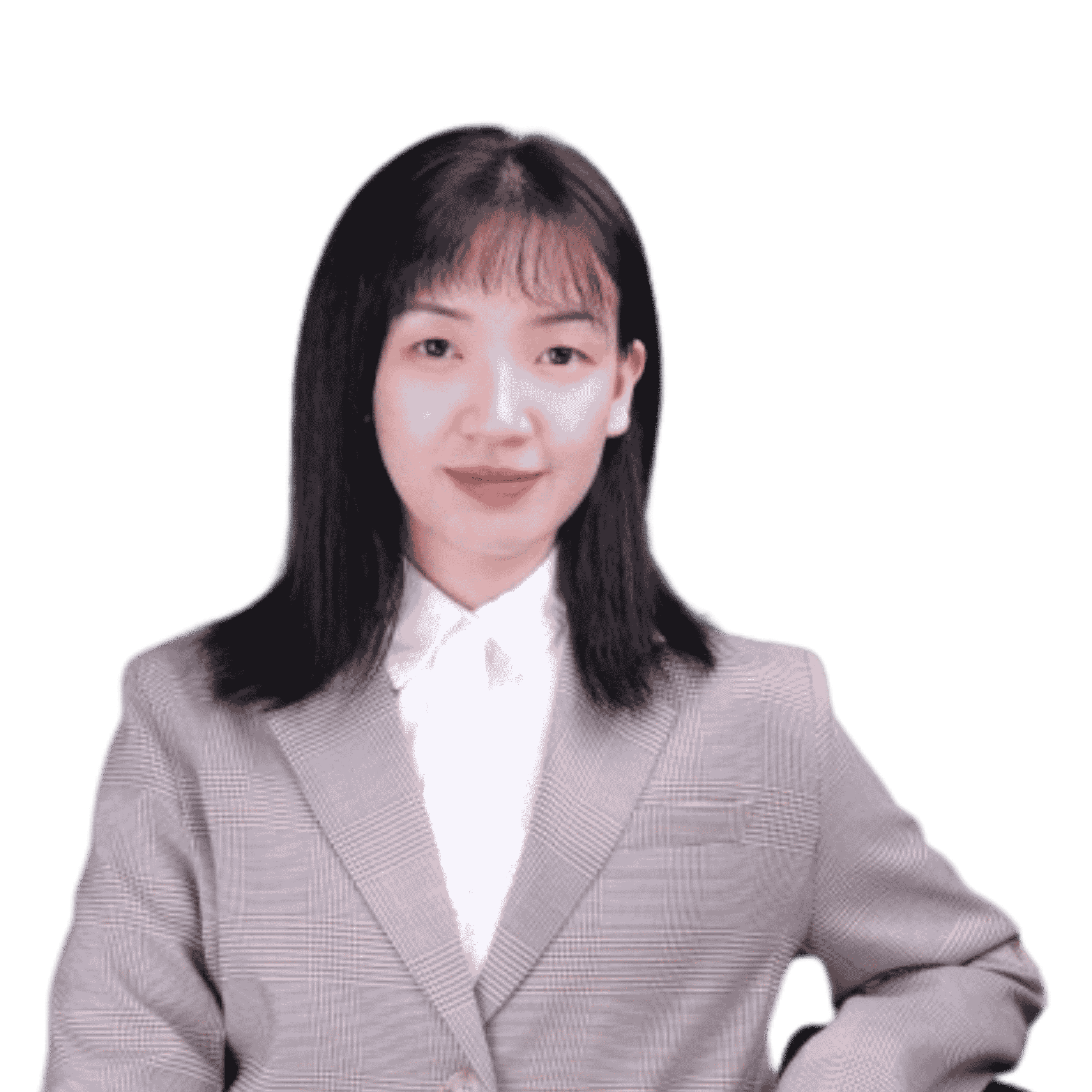 Young woman with straight black hair wearing a gray checkered blazer and a white blouse.