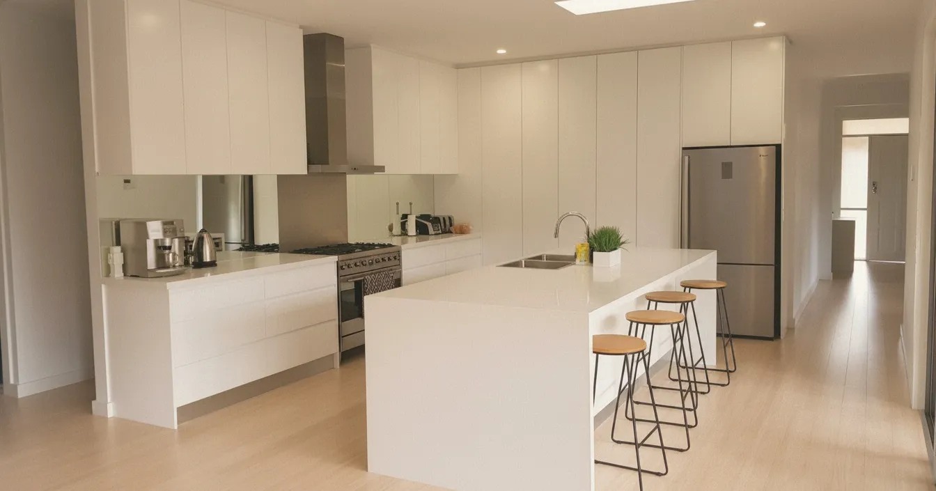 Open-plan white kitchen renovation with an oversized island