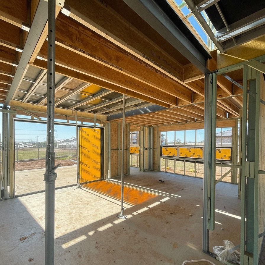 Active residential construction site showing framing and structural work