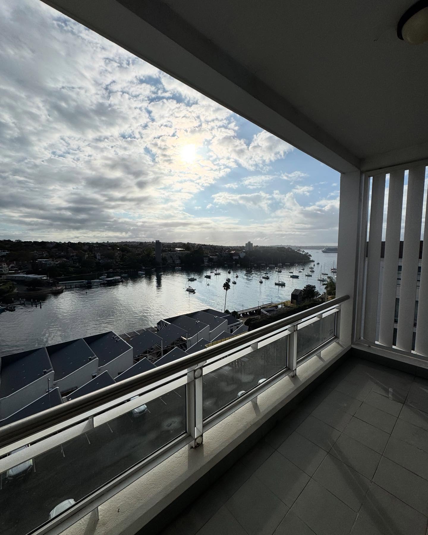 The completed interior framed by the apartment's outlook.