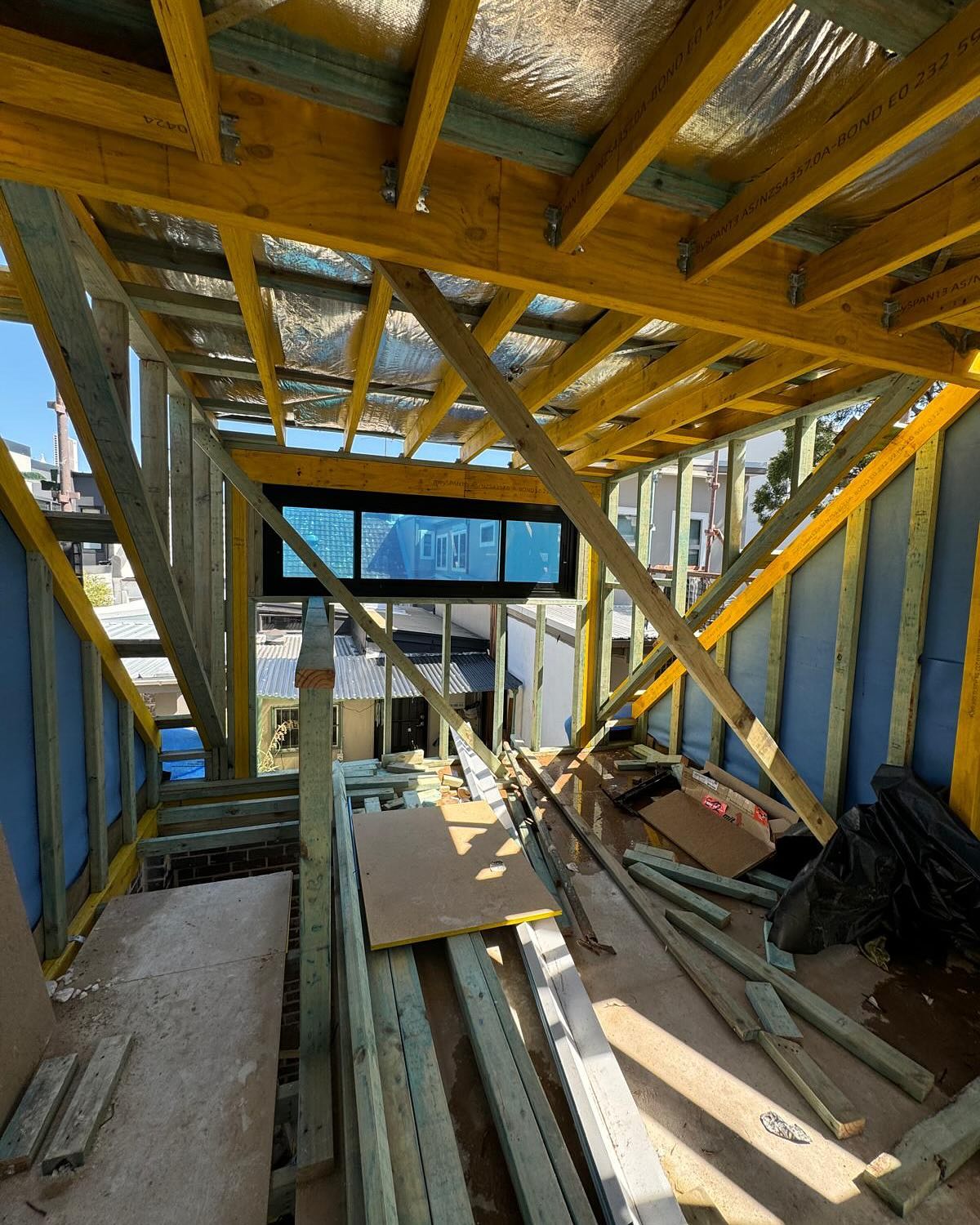 Timber framing during construction.
