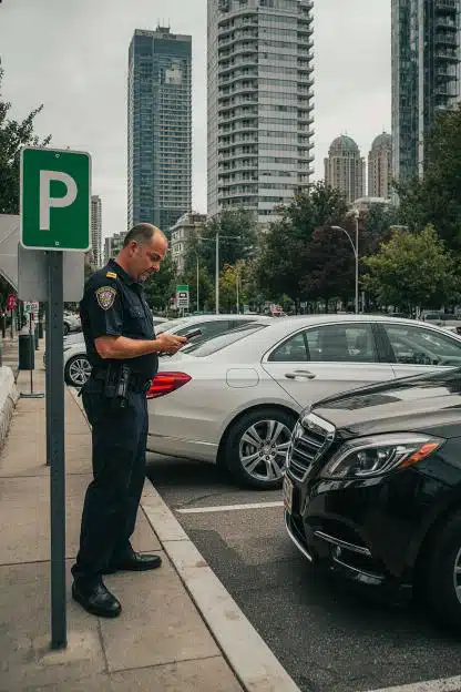 Parking enforcement officer checking vehicles beside a parking sign.