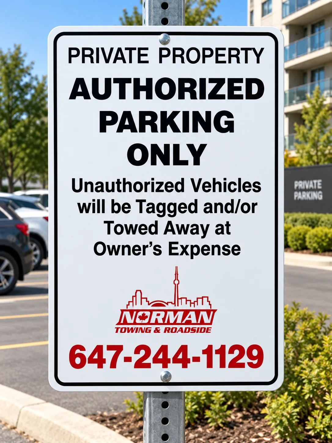 Norman Towing private property parking sign for unauthorized vehicle towing and parking enforcement